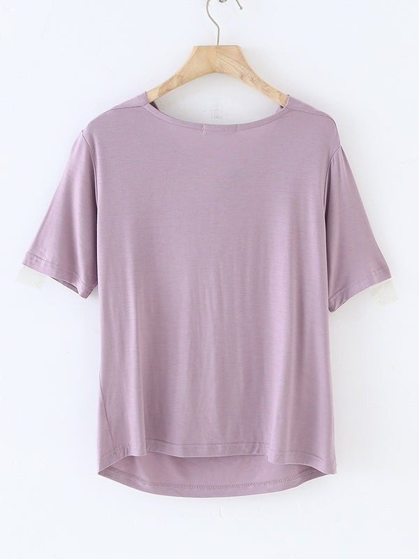 Short Sleeves Pleated Color Heaps Collar T-shirts Tops