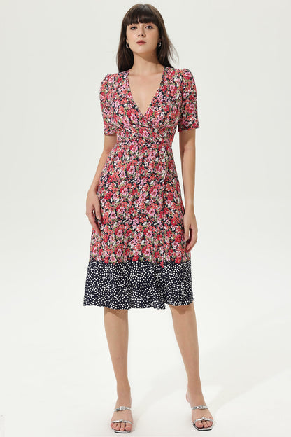 Puff Sleeve V-neck Wrapover Belted Midi Dress