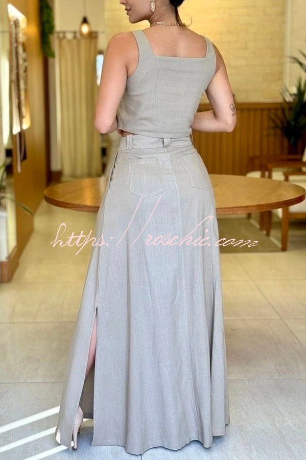Athena Linen Blend Square Neck Tank and High Rise Pocketed Slit Skirt Set