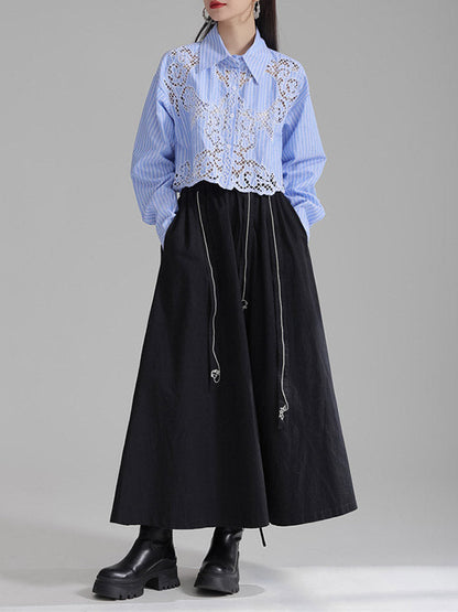 Long Sleeves Loose Buttoned Hollow Color Lapel Blouses&shirts Tops