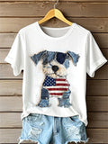 Comstylish Fuzzy Dog American Flag Denim Patchwork Comfy T Shirt