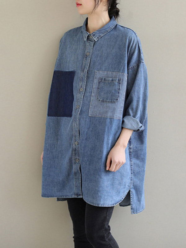 High-low Long Sleeves Asymmetric Buttoned Pockets Split-joint Lapel Blouses&shirts Tops