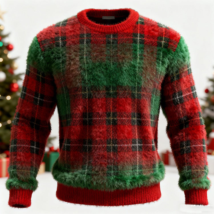 Comstylish Men's Retro Christmas Gradient Plaid Cozy Plush Sweatshirt