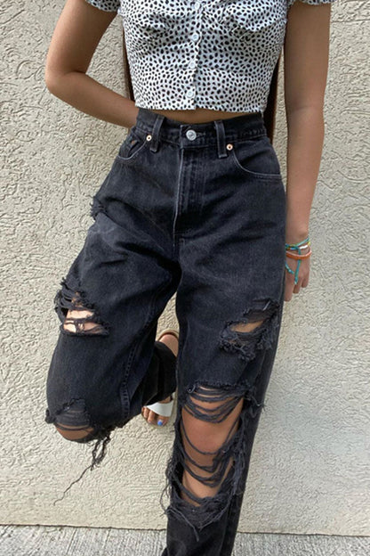 Ripped Mid Waist Straight Denim