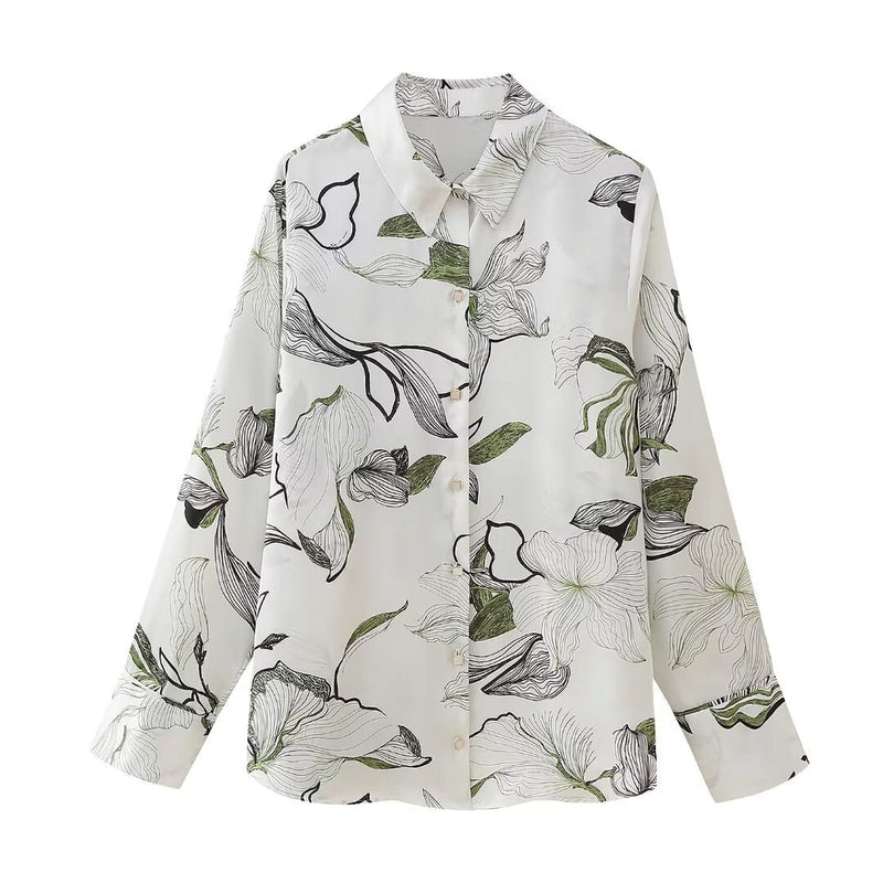 Spring Summer Silk Satin Textured Printed Shirt – Print Blouse