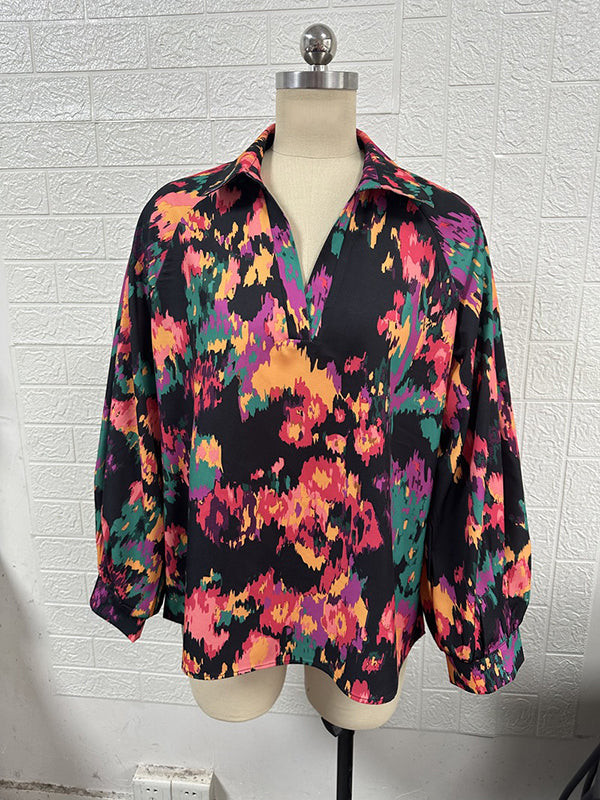 Long Sleeves Loose Printed V-neck Blouses&shirts Tops