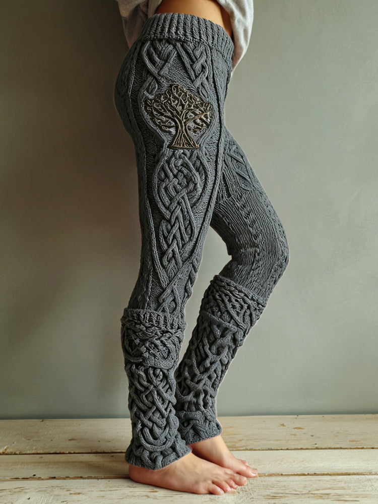 Vintage Viking Tree Of Life Celtic Knot Knit Jacquard Cozy Leggings artswardrobe