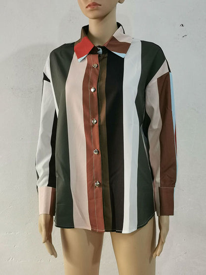 Long Sleeves Loose Contrast Color Printed Lapel Blouses