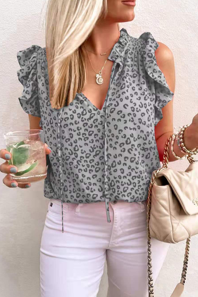 Leopard Flounce V Neck T-shirts(3 Colors)