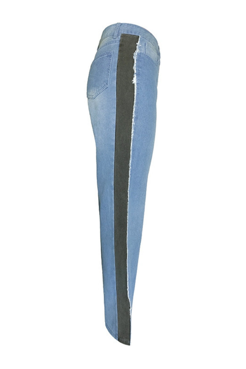 Patchwork Contrast Mid Waist Regular Denim Jeans