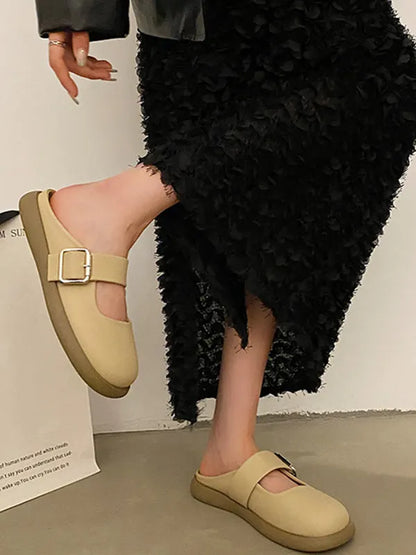Belt Buckle Round-toe Shallow Cut Split-joint Platform Shoes Slippers&mules