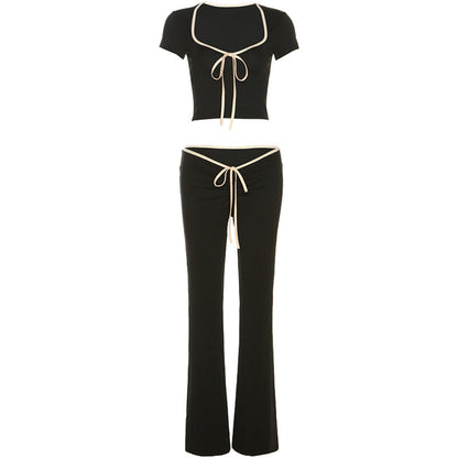 Summer Clothing Short Sleeve Square Neck T Shirt Slim Low Waist Bootcut Pants Suit for – Stylish and Comfortable Summer Outfit