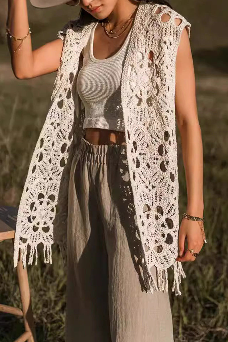 Vacation Color Hollow Out Fringed Hem V Neck Tops