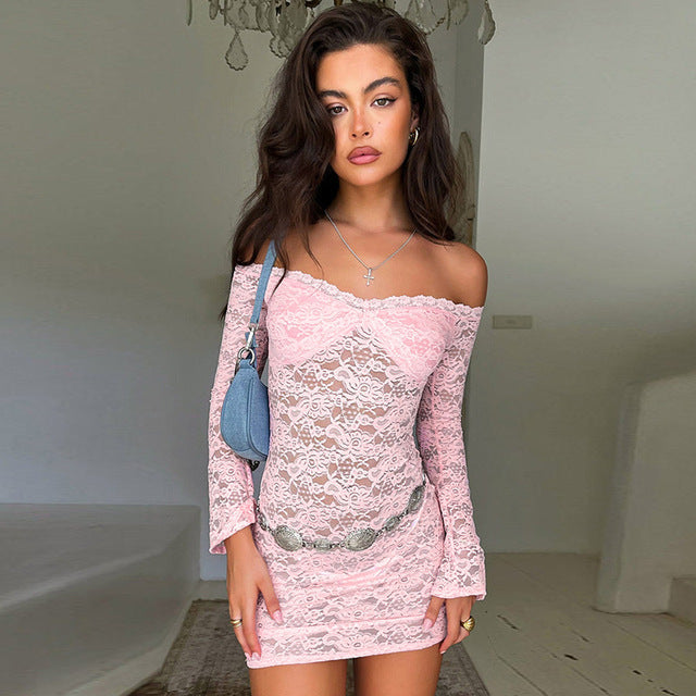 Taruxy Off Shoulder See-through Lace Dress for Long Sleeve Slim Splice Beach Evening Mini Dress Female