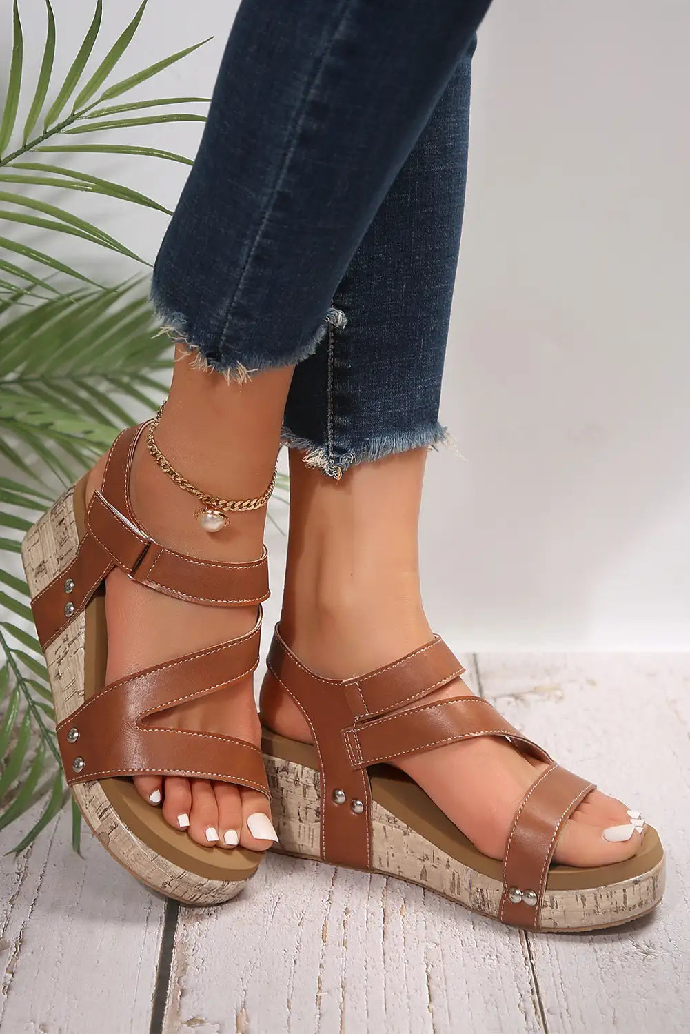 Chestnut Hollow Out Leather Wedge Sandals