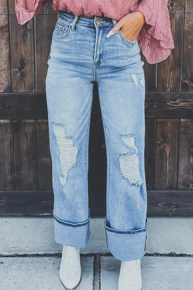 Street Ripped Patchwork High Waist Straight Denim Jeans