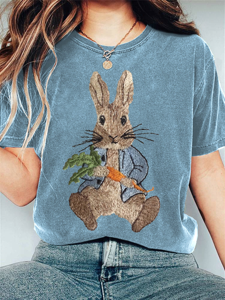 Cute Bunny Embroidery Pattern Casual T-Shirt artswardrobe