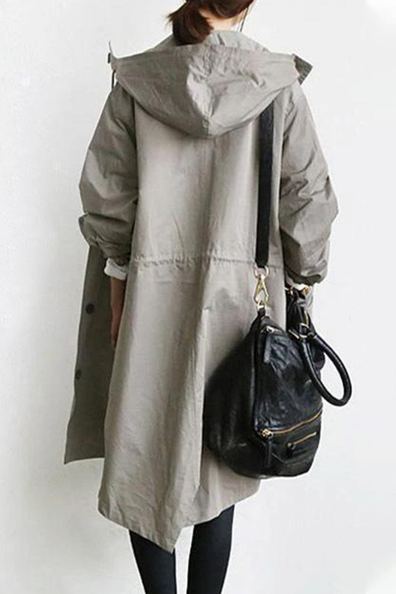 British Style Pocket Buttons Hooded Collar Outerwear