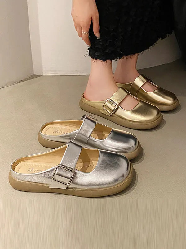 Belt Buckle Round-toe Shallow Cut Split-joint Platform Shoes Slippers&mules