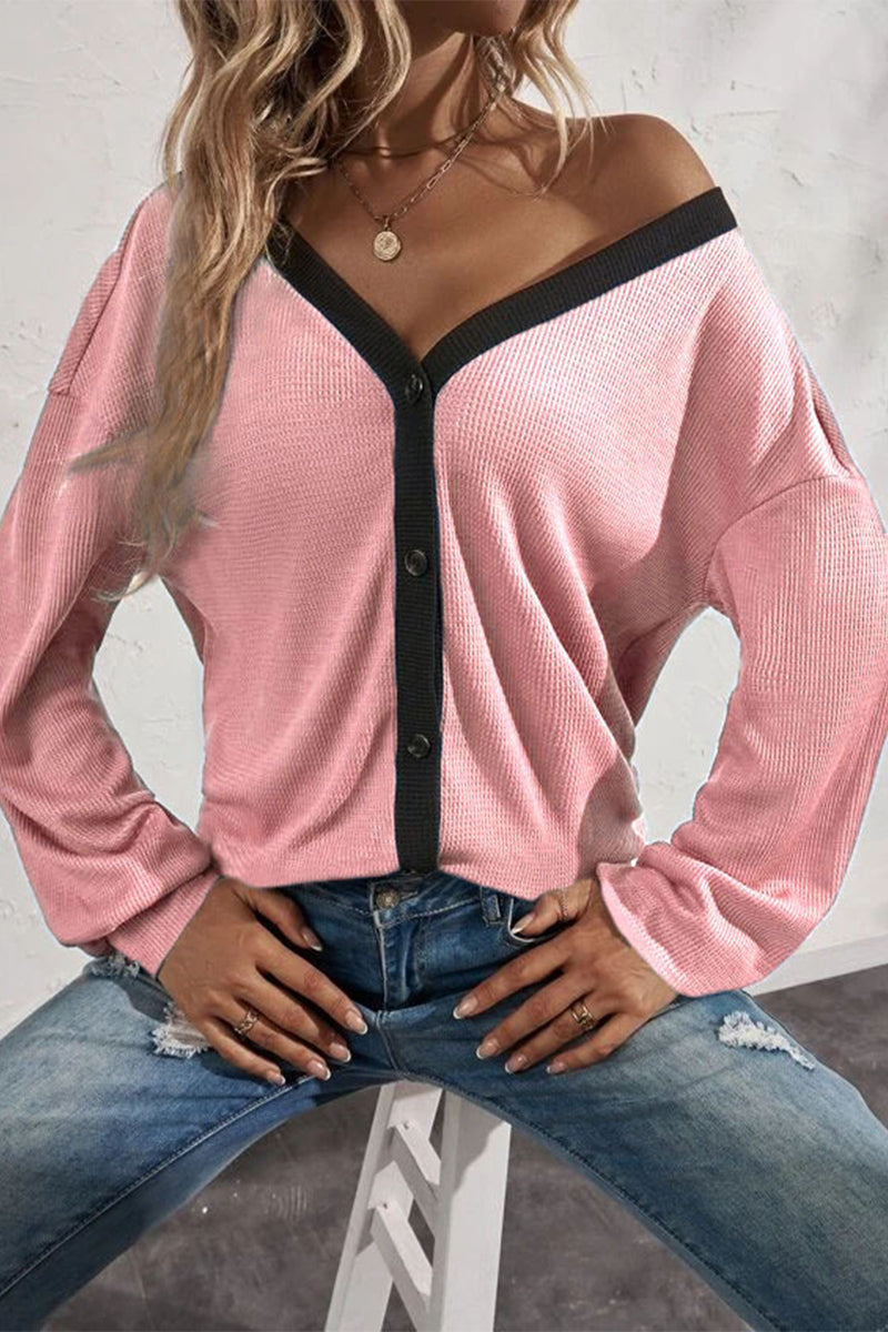 Patchwork Buttons V Neck T-shirts(7 Colors)
