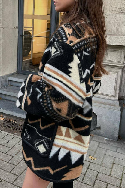 Street Geometric Print Pocket U Neck Outerwear