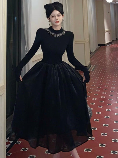 French Midi Dress Patchwork O-neck Long Sleeve Autumn Spring A-line Evening Party Prom Robe Wedding Vestidos Mujer