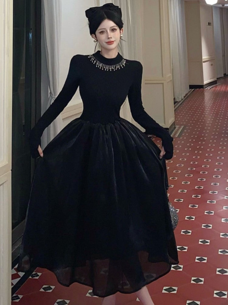 French Midi Dress Patchwork O-neck Long Sleeve Autumn Spring A-line Evening Party Prom Robe Wedding Vestidos Mujer