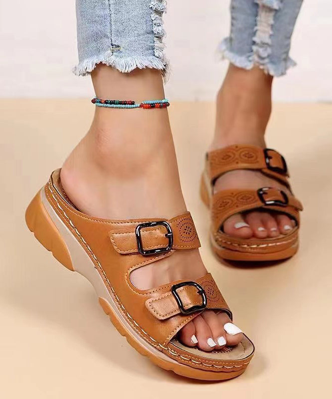 Splicing Wedge Yellow Slide Sandals Hollow Out Peep Toe Uu016