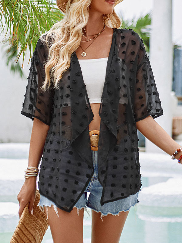 Loose Short Sleeves Jacquard See-through Split-joint Blouses