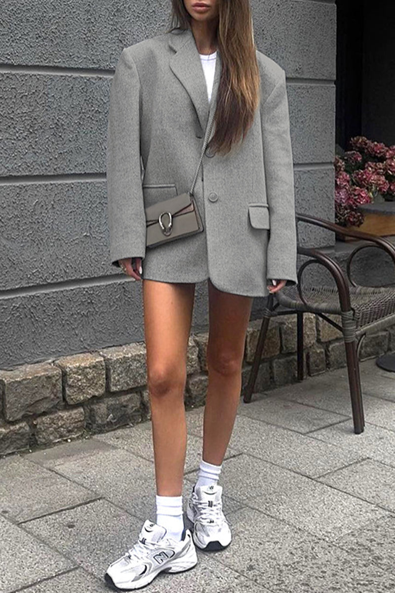 British Style Geometric Patchwork Pocket Turn-back Collar Outerwear