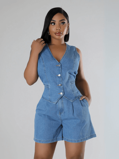 Andi Tuxedo Denim Vest Shorts Matching Set