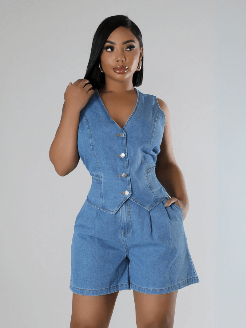 Andi Tuxedo Denim Vest Shorts Matching Set