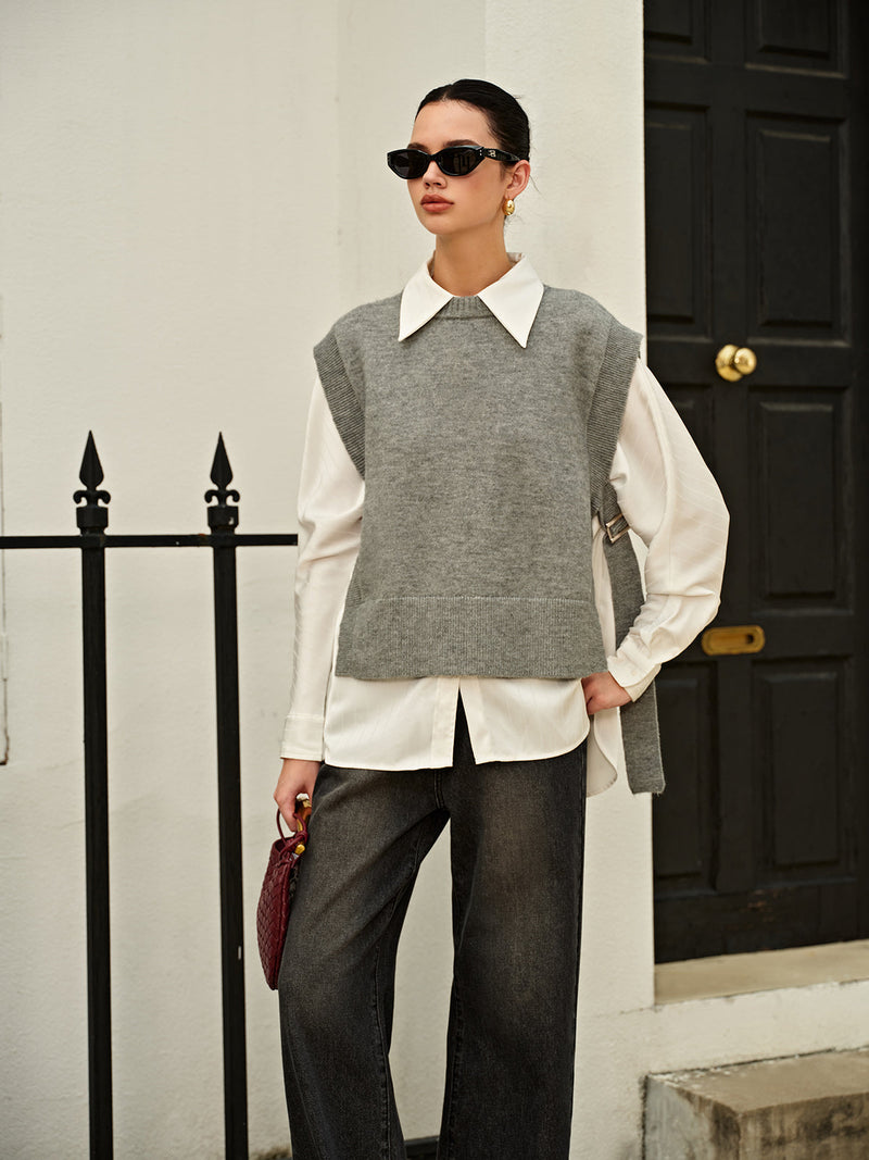 Versatile Side Buckle Belt Sweater Vest