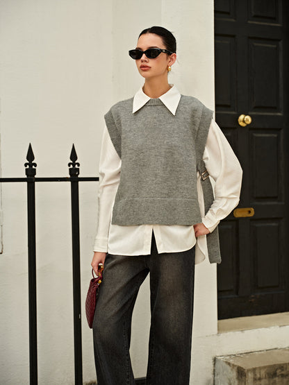 Versatile Side Buckle Belt Sweater Vest