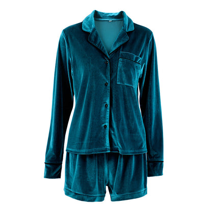 Velvet V Neck Suit Collar Cardigan Long Sleeve Suit Homewear Pajamas Spring Autumn Blue