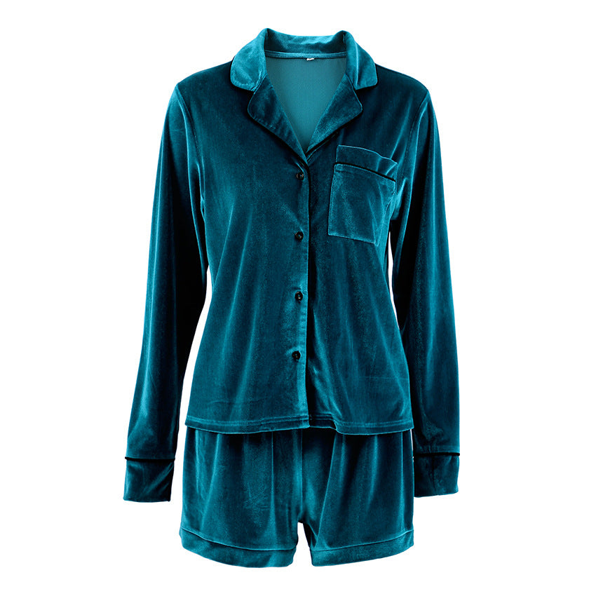 Velvet V Neck Suit Collar Cardigan Long Sleeve Suit Homewear Pajamas Spring Autumn Blue