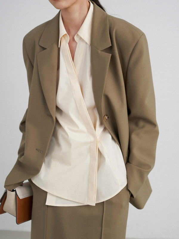Loose Buttoned Color Long Sleeves Lapel Blouses&shirts Tops + Skirts Bottom + Notched Collar Blazer Outerwear Three Pieces Set
