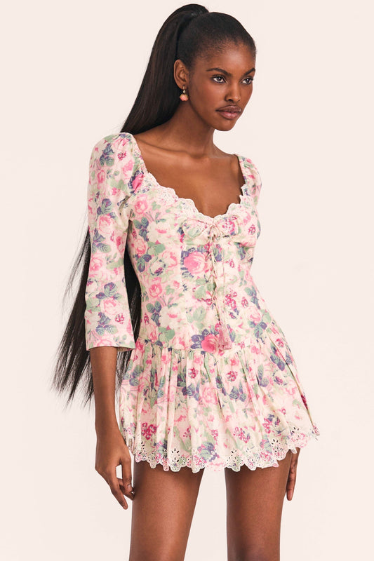 Mid Sleeve Lace Up Ruffle Mini Dress