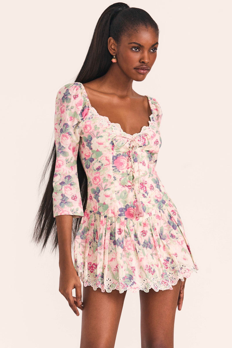 Mid Sleeve Lace Up Ruffle Mini Dress