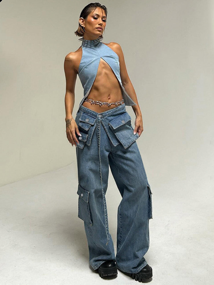 Taruxy Bandage High Waisted Baggy Jeans Blue Pockets Lace Up Cargo Pants Woman Street Oversized Denim Pant Femme