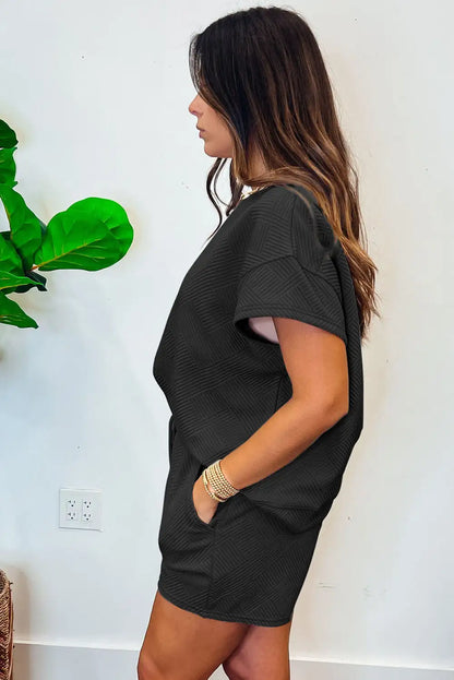 Black Textured Drawstring Shorts Set