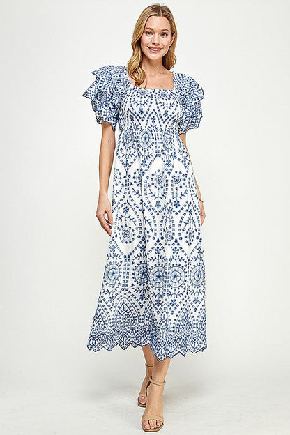 Paisley Print Lace Smocking Midi Dress
