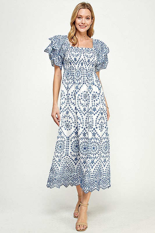 Paisley Print Lace Smocking Midi Dress