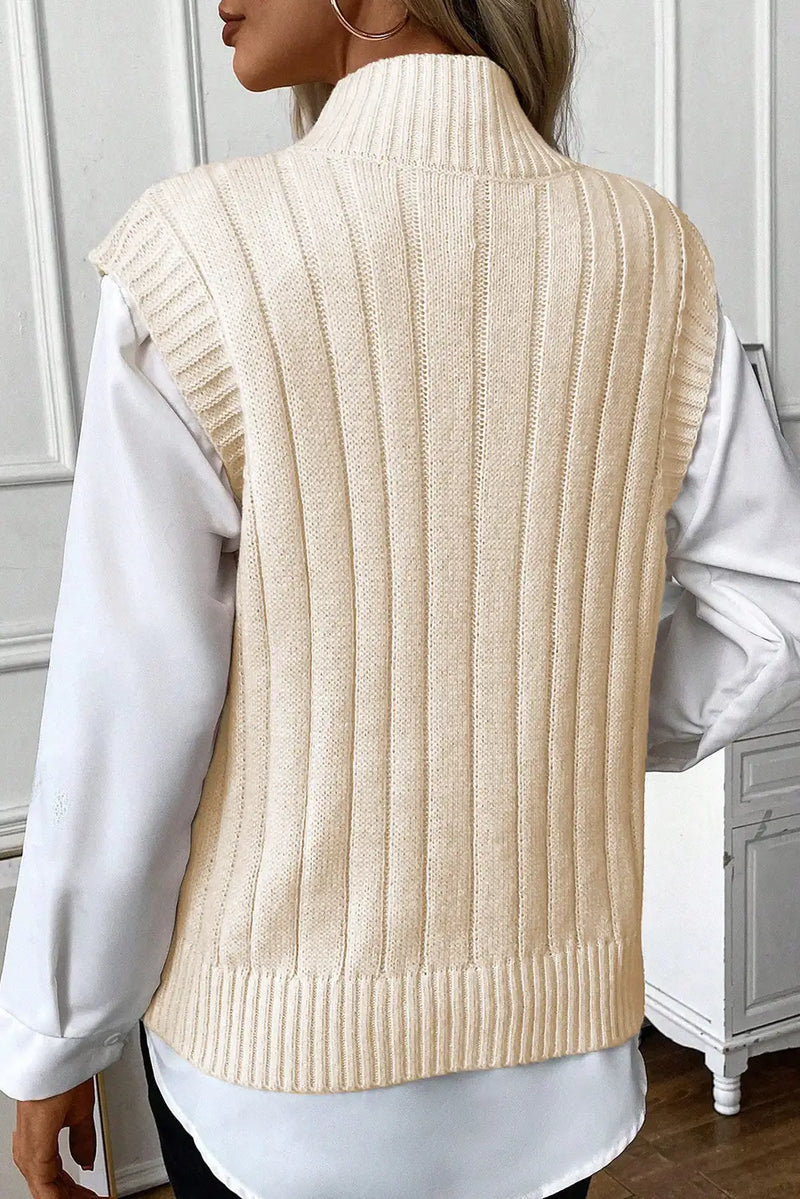 High Neck Oatmeal Cable Knit Sweater Vest
