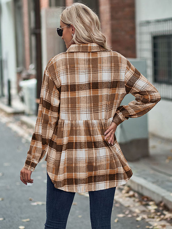 Loose Checkered Lapel Blouses&shirts Tops