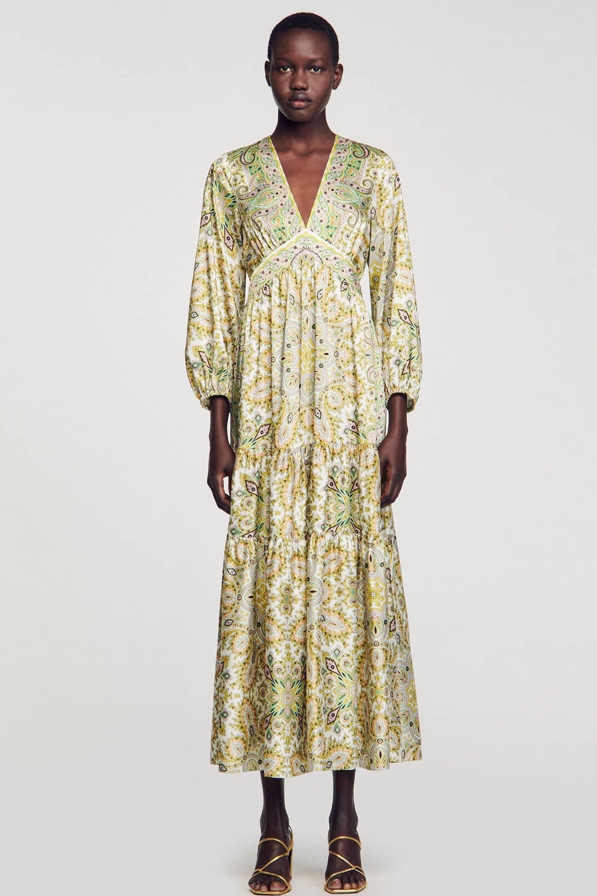 Paisley Mid Sleeve V-neck Midi Dress