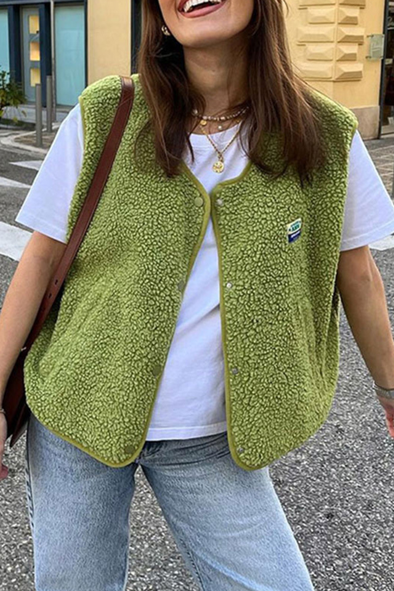 Street Pocket Buttons Fluffy O Neck Waistcoats(3 Colors)