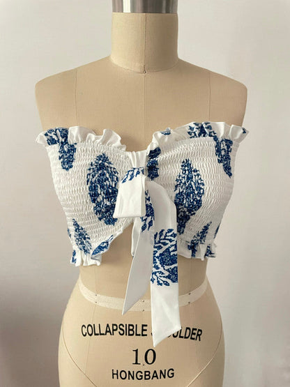 Clothing Two Piece Bow Tank Top Printed Wide Leg Pants Thin Pants