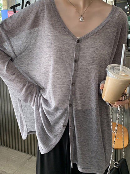 Long Sleeves Loose Buttoned Color Sun Protection V-neck Cardigan Tops