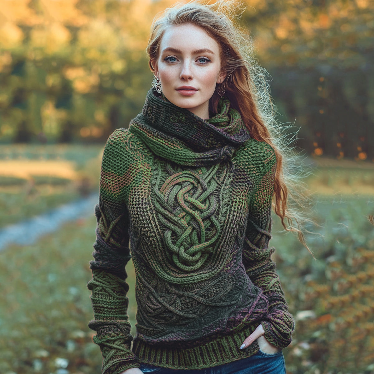 Women's Irish Rainbow Pattern Jacquard Pocket Cozy Hooded Sweater elevenforest